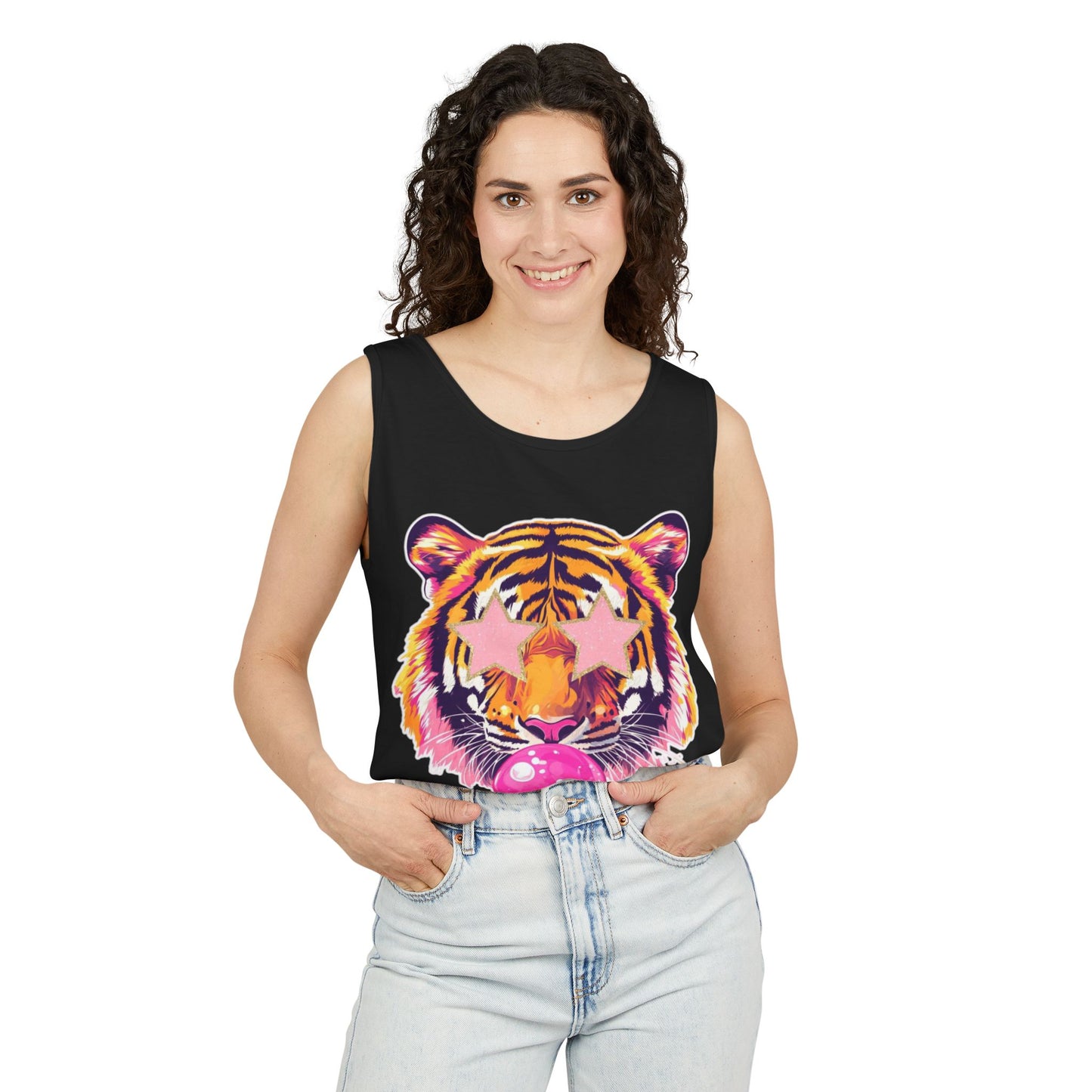 Star eye Bubble blowing Tiger Graphic Tank Top - Unisex Summer Wear, Casual Tee, Festival Attire, Beach Outfit, Gift for Animal Lovers
