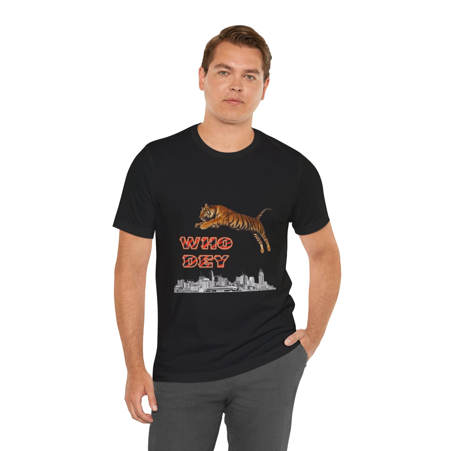 Leaping tiger over city Unisex Jersey Short Sleeve Tee