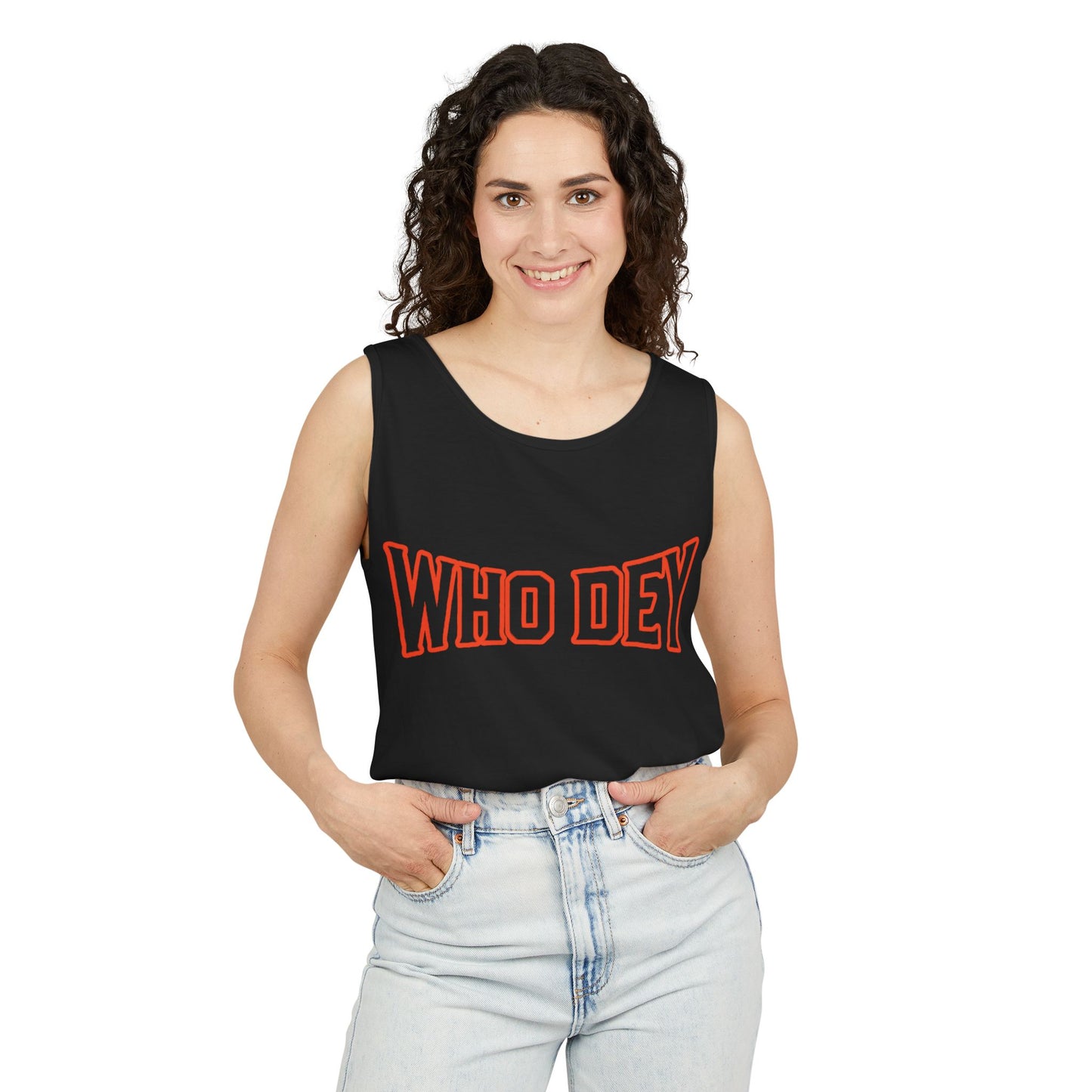 'WHO DEY' Garment-Dyed Tank Top with Design, Perfect for Game Days, Casual Wear, Summer Outfits, Sports Events, Gift for Fans