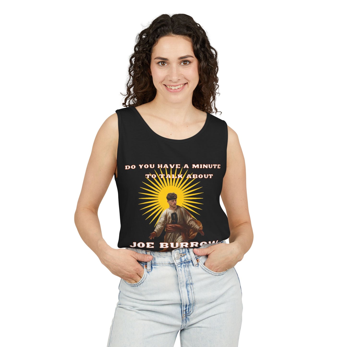 Do you have a minute to talk about Joe Burrow Unisex Garment-Dyed Tank Top - Sporty Casual Wear, Summer Essentials, Gift for Fans, Unique Graphic Tee, Trendy Athletic Apparel