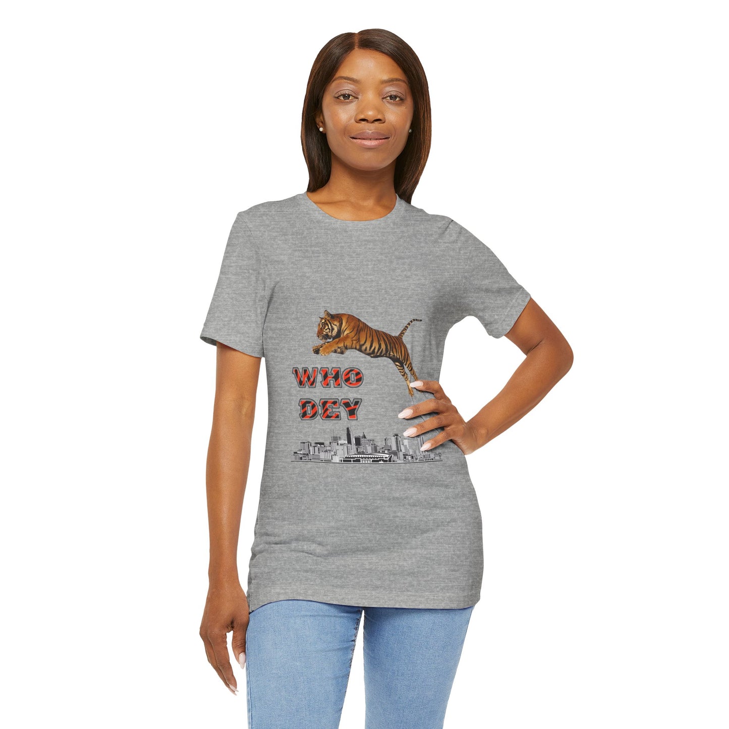 Leaping tiger over city Unisex Jersey Short Sleeve Tee