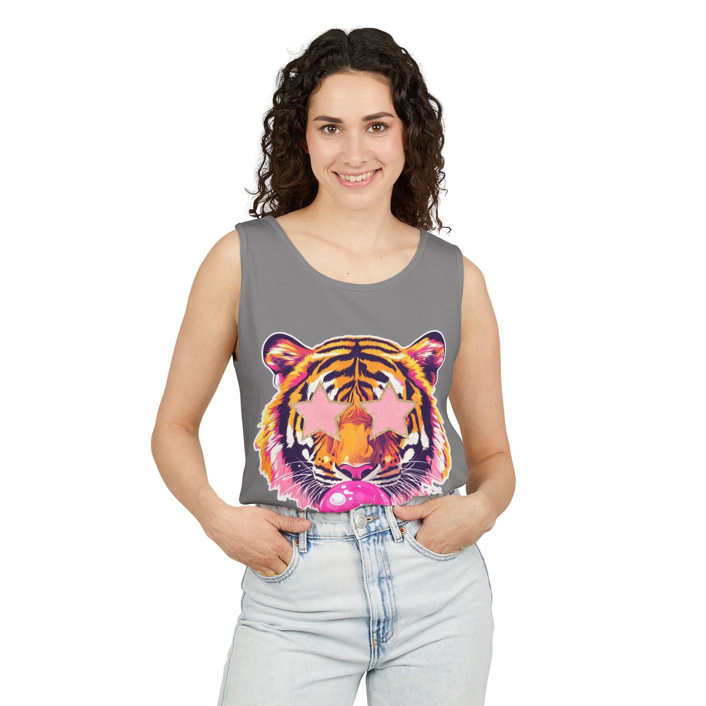 Star eye Bubble blowing Tiger Graphic Tank Top - Unisex Summer Wear, Casual Tee, Festival Attire, Beach Outfit, Gift for Animal Lovers