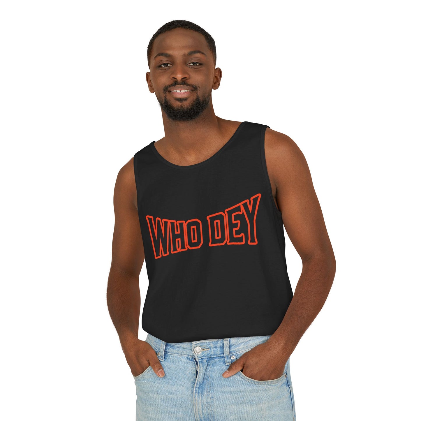 'WHO DEY' Garment-Dyed Tank Top with Design, Perfect for Game Days, Casual Wear, Summer Outfits, Sports Events, Gift for Fans