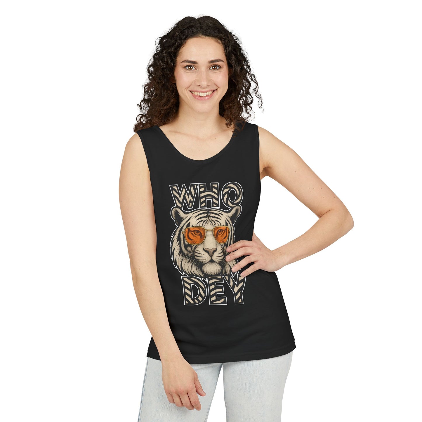 Unisex Tiger Print Tank Top, Casual Summer Wear, Perfect for Parties, Beach Days, Who Dey Fan Gear, Gifts for Animal Lovers