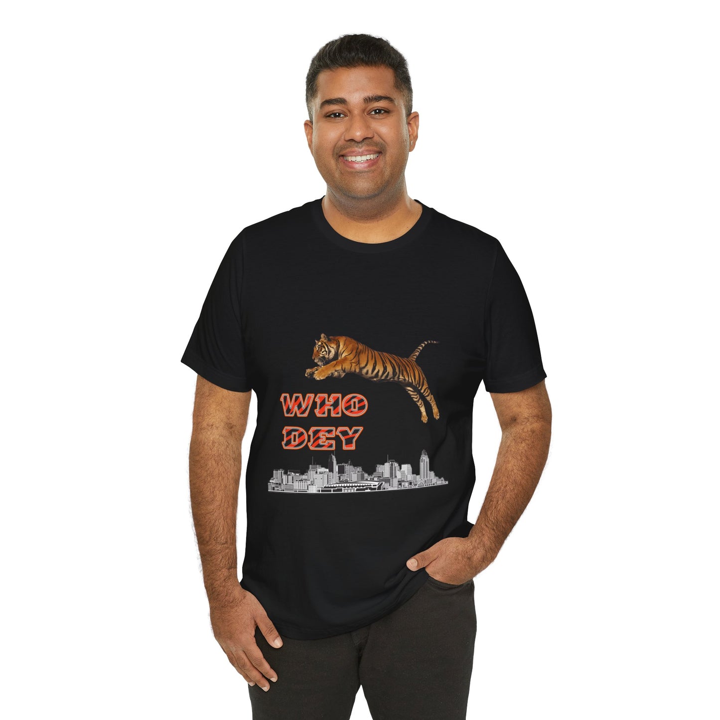 Leaping tiger over city Unisex Jersey Short Sleeve Tee