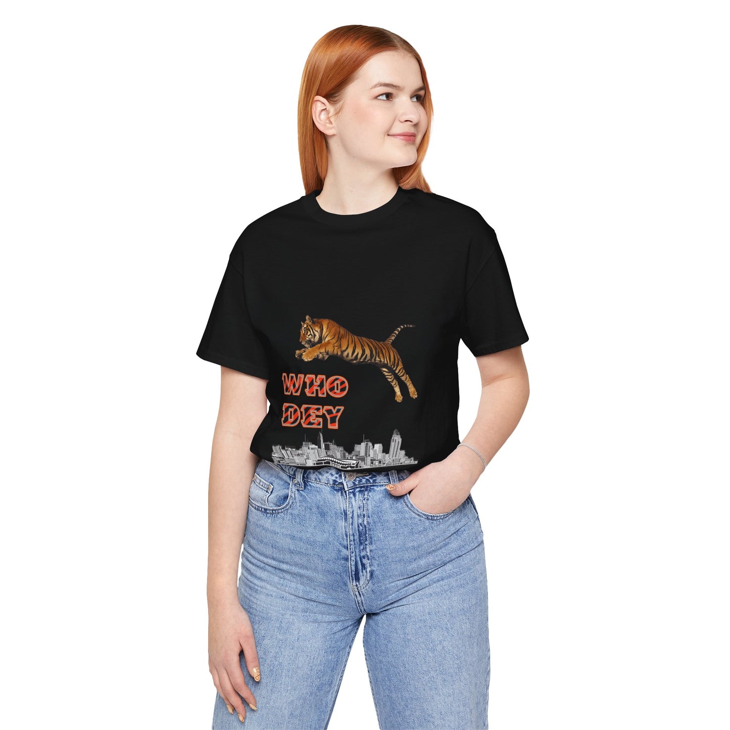 Leaping tiger over city Unisex Jersey Short Sleeve Tee