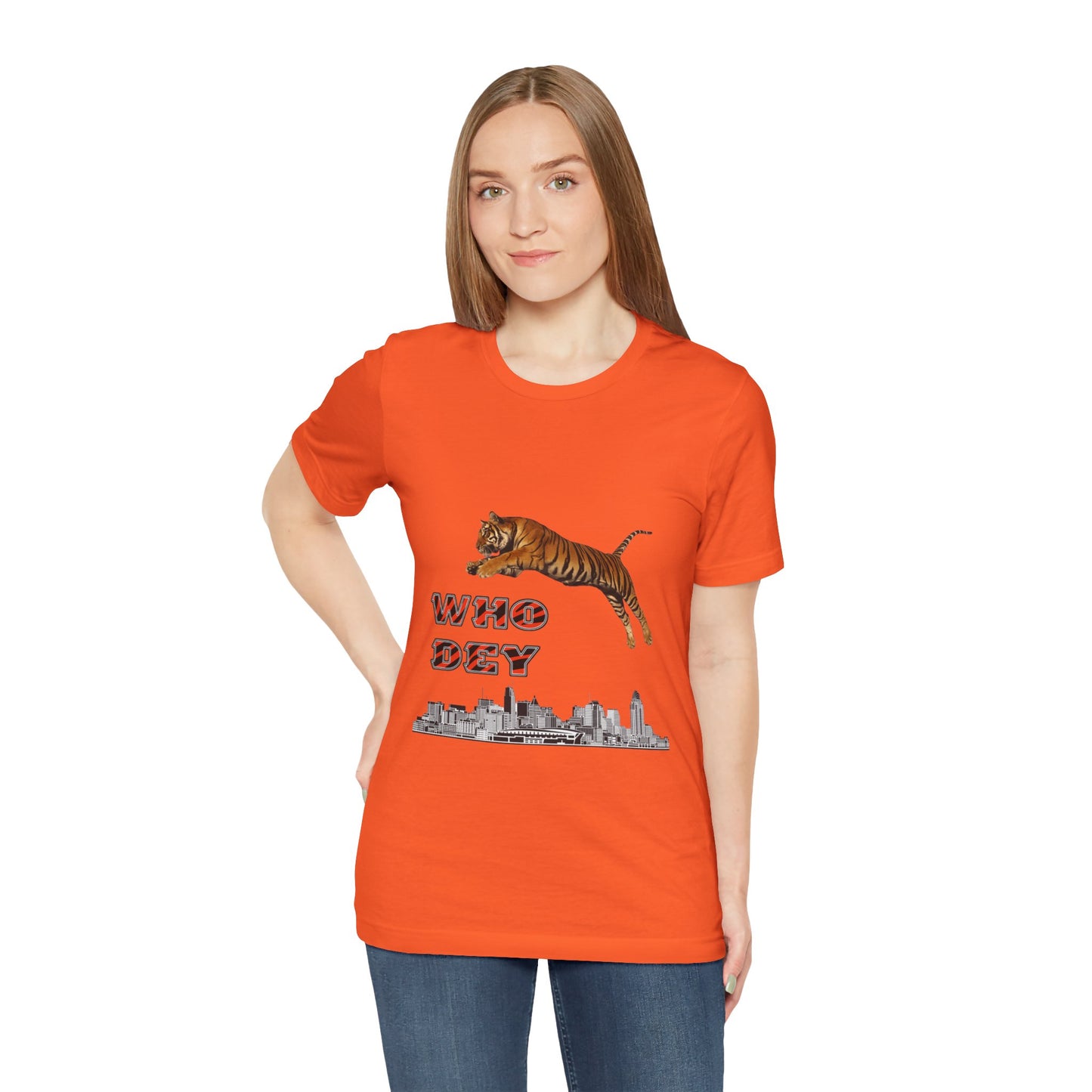 Leaping tiger over city Unisex Jersey Short Sleeve Tee