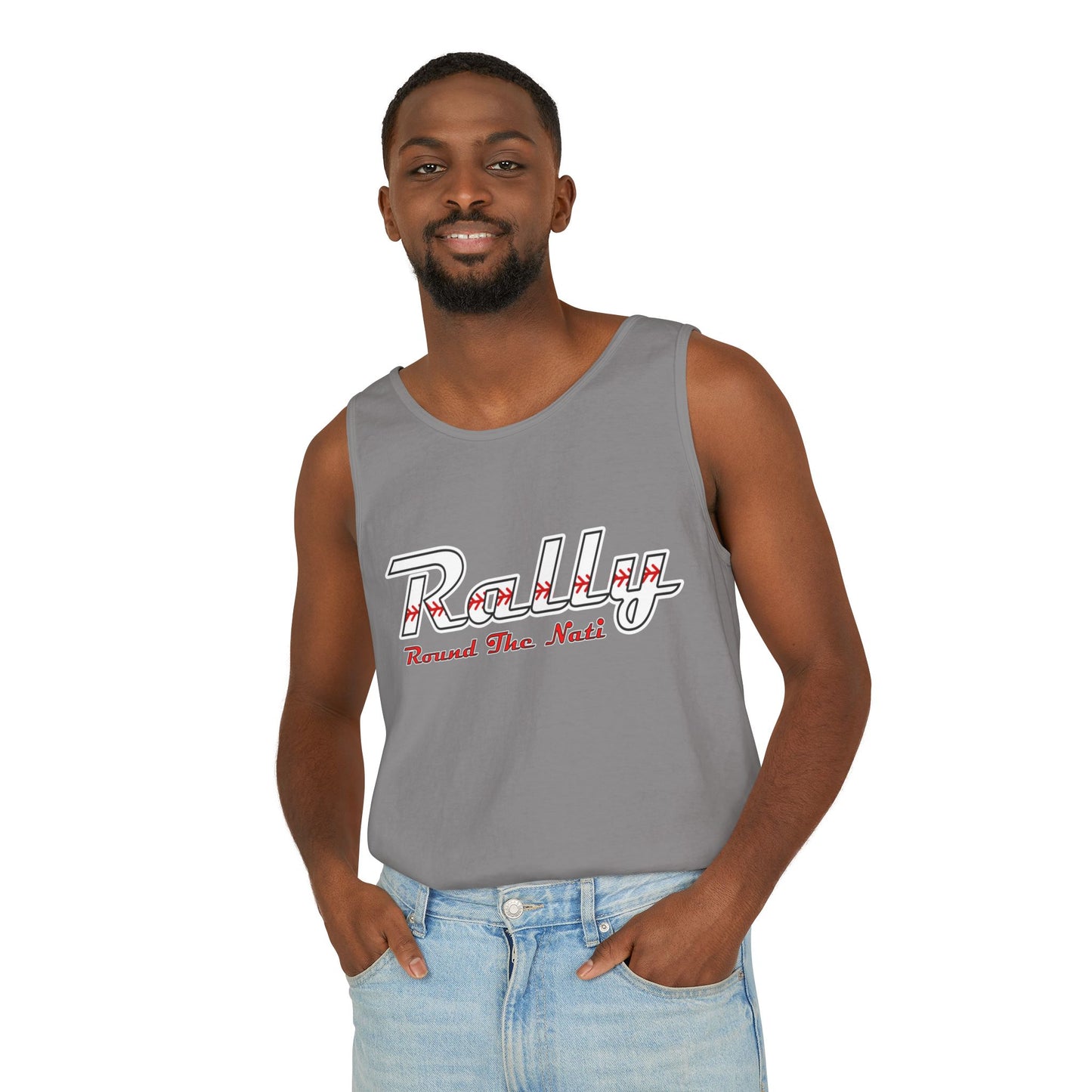 Rally Unisex Garment-Dyed Tank Top, Sporty Summer Wear, Casual Activewear, Fitness Gift, Concert Outfit