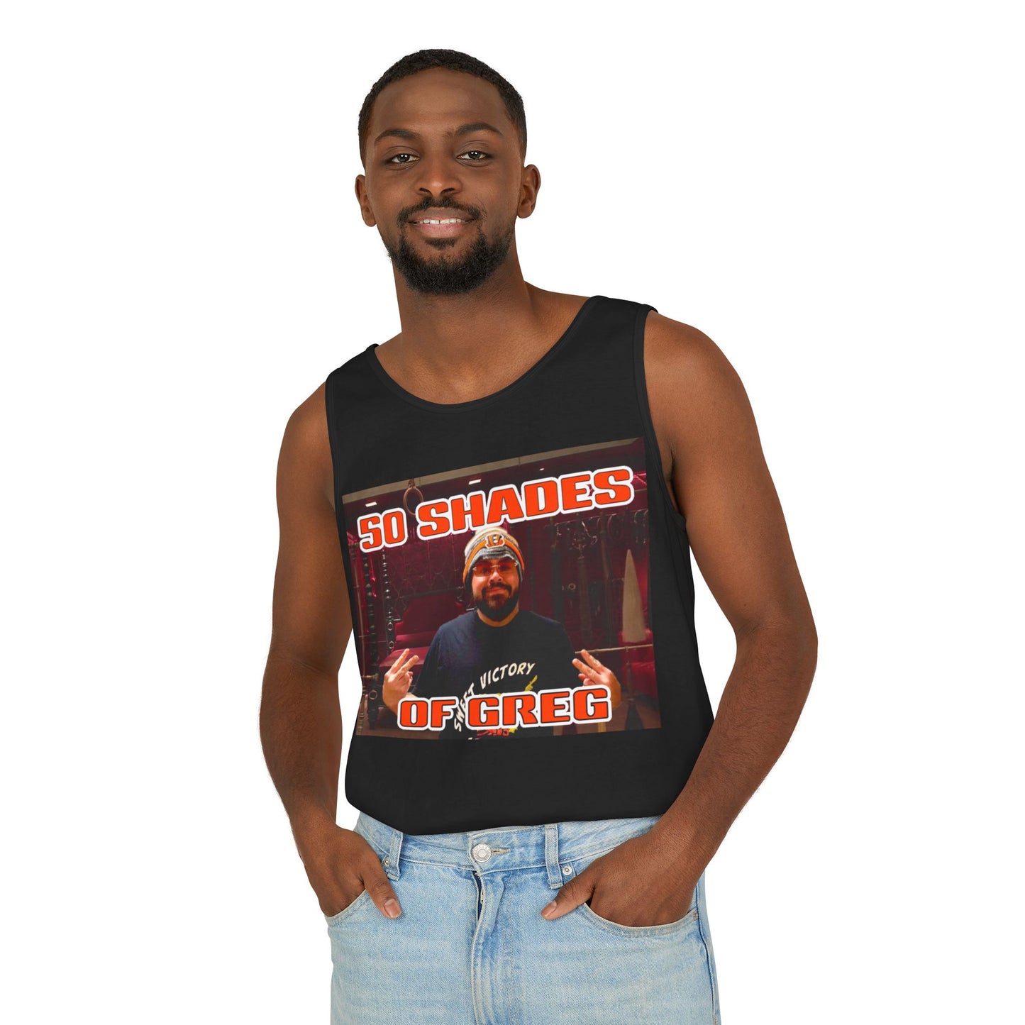 50 Shades of Greg - Unisex Garment-Dyed Tank Top, Funny Graphic Tee, Gift for Him, Summer Wear, Casual Layering, Unique Humor Apparel