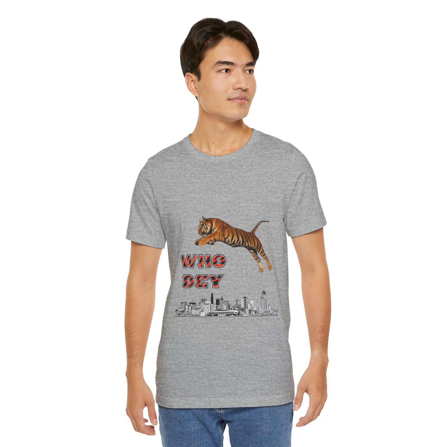 Leaping tiger over city Unisex Jersey Short Sleeve Tee