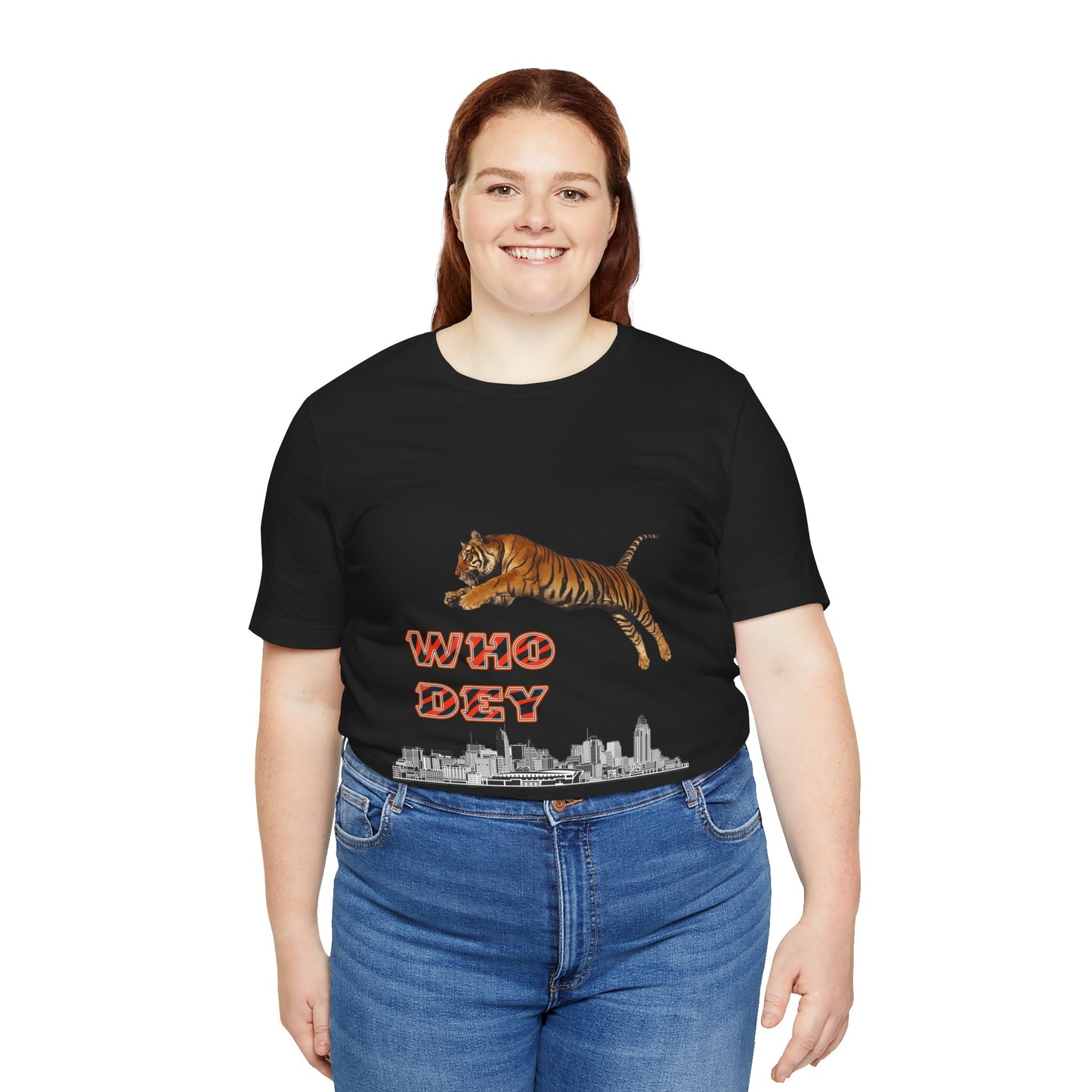 Leaping tiger over city Unisex Jersey Short Sleeve Tee