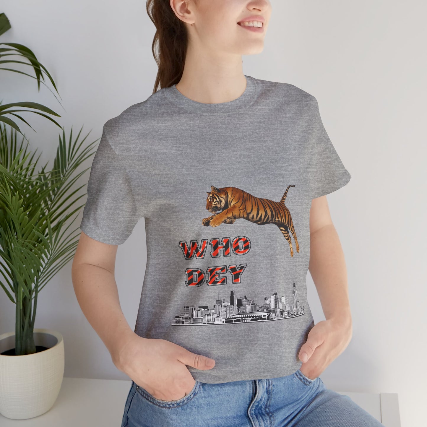 Leaping tiger over city Unisex Jersey Short Sleeve Tee