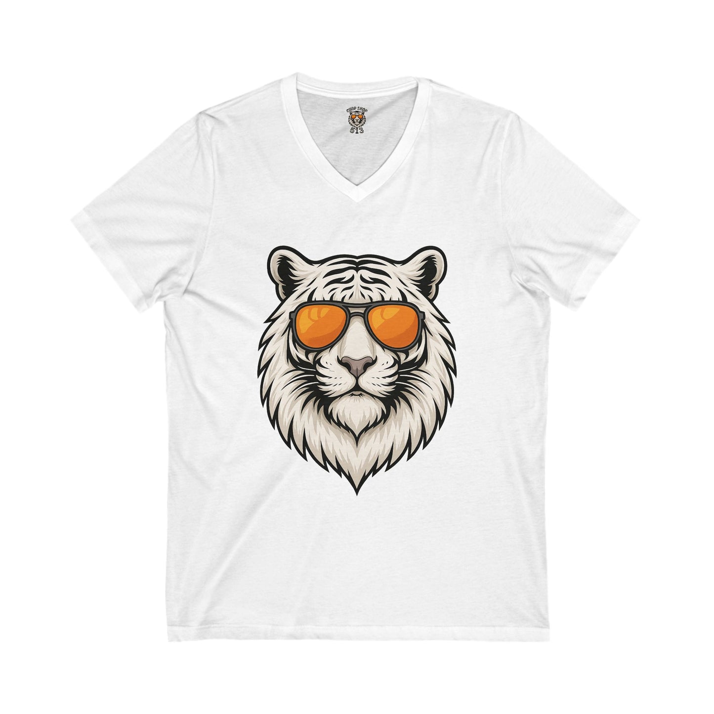 Women's V-neck Cool Tiger Tee - Unisex Short Sleeve T-Shirt with Sunglasses Design