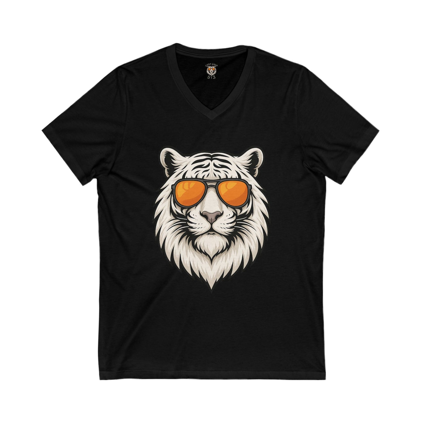 Women's V-neck Cool Tiger Tee - Unisex Short Sleeve T-Shirt with Sunglasses Design