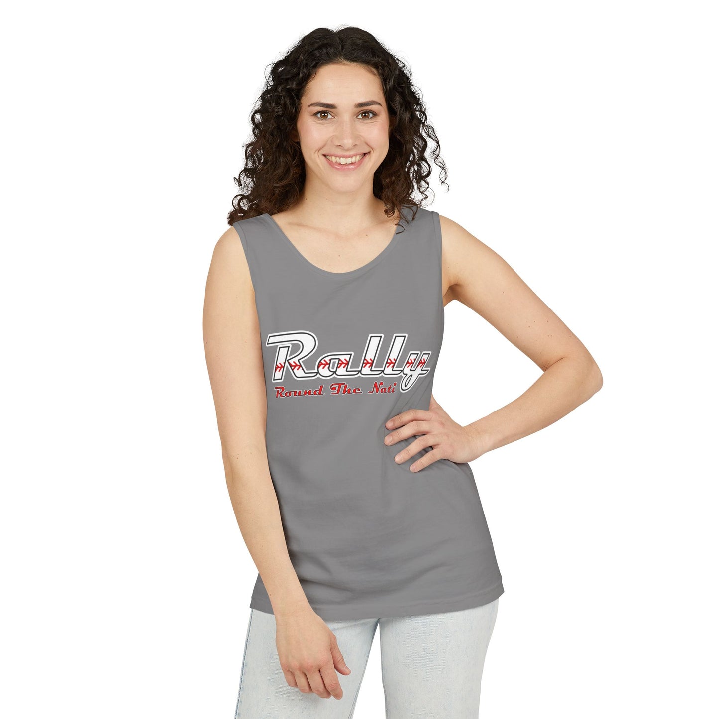 Rally Unisex Garment-Dyed Tank Top, Sporty Summer Wear, Casual Activewear, Fitness Gift, Concert Outfit
