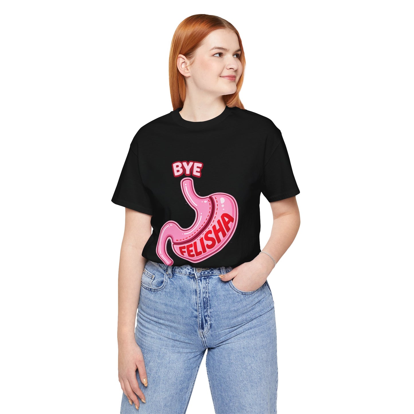 Bye Felisha Gastric Sleeve Stomach Graphic Tee — Funny Pink Cartoon Stomach T-Shirt