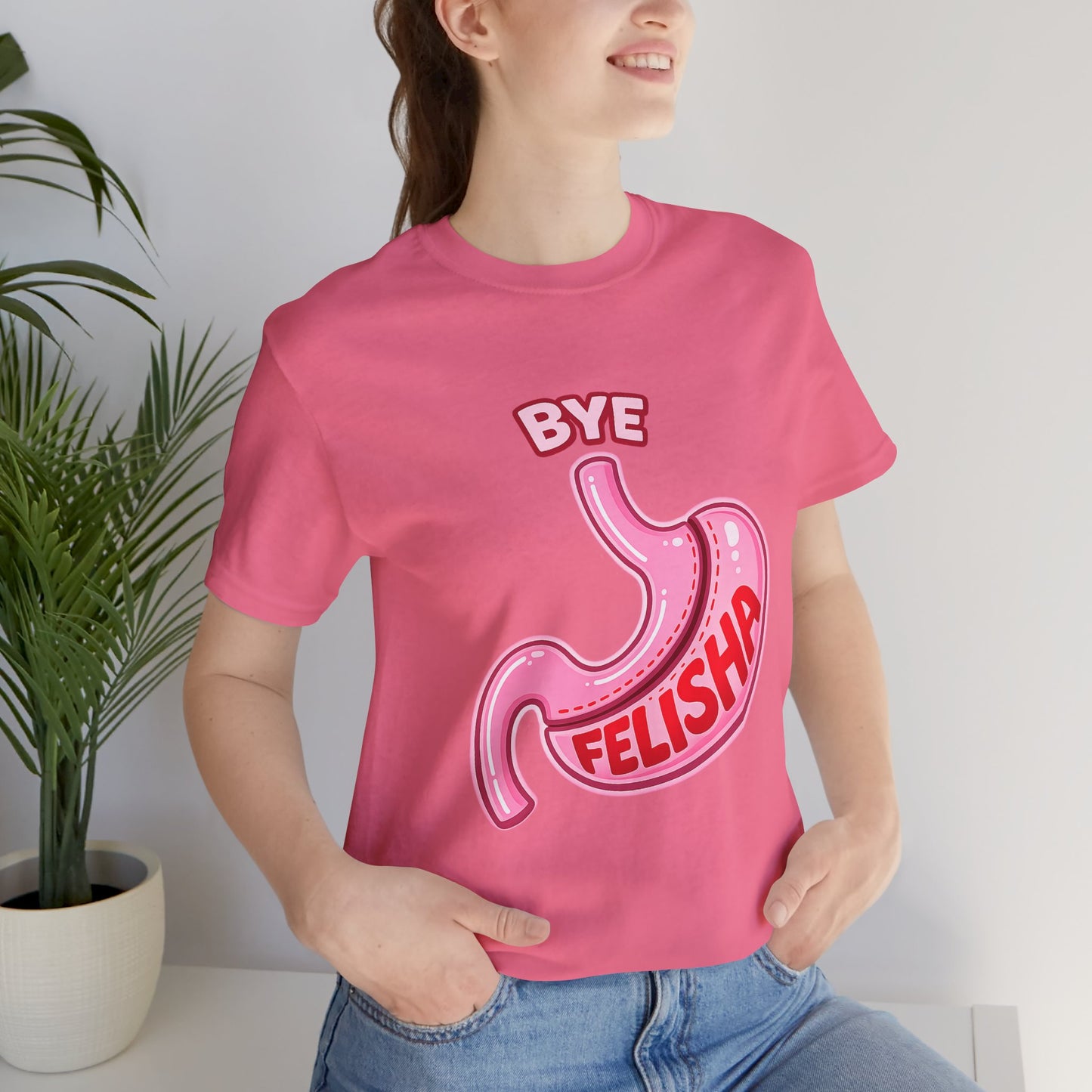 Bye Felisha Gastric Sleeve Stomach Graphic Tee — Funny Pink Cartoon Stomach T-Shirt