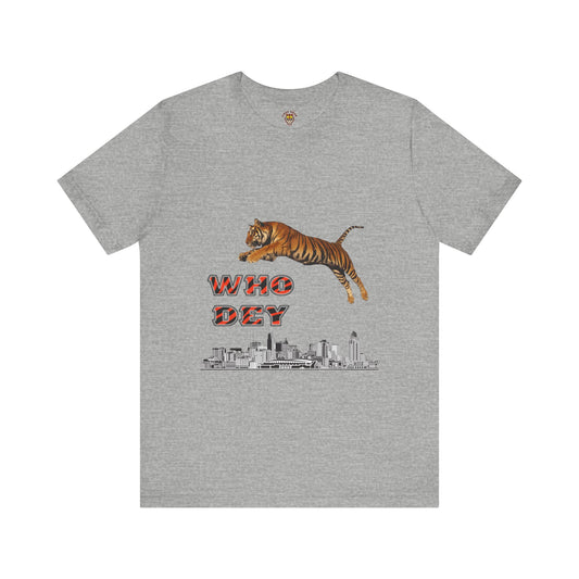 Leaping tiger over city Unisex Jersey Short Sleeve Tee