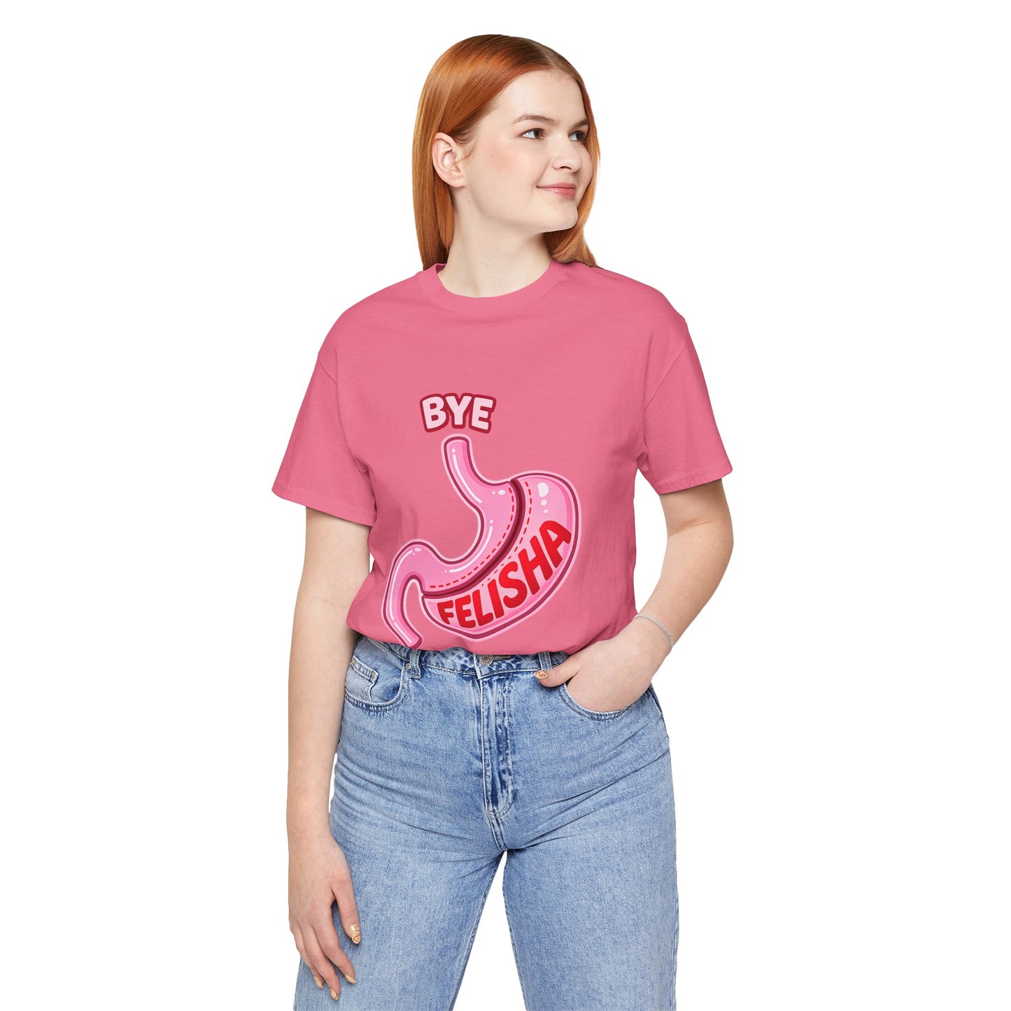 Bye Felisha Gastric Sleeve Stomach Graphic Tee — Funny Pink Cartoon Stomach T-Shirt