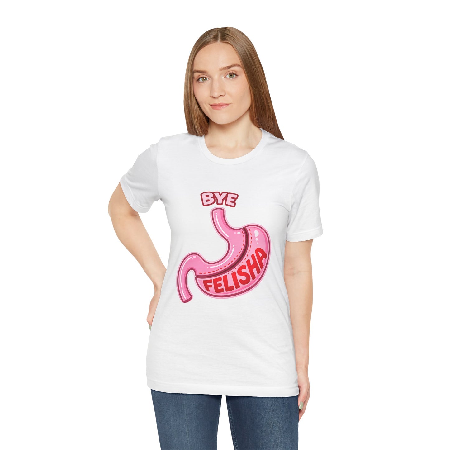 Bye Felisha Gastric Sleeve Stomach Graphic Tee — Funny Pink Cartoon Stomach T-Shirt
