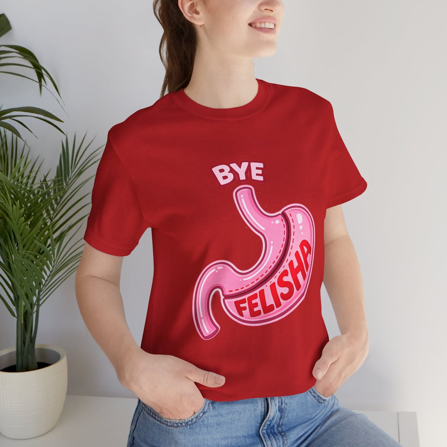 Bye Felisha Gastric Sleeve Stomach Graphic Tee — Funny Pink Cartoon Stomach T-Shirt