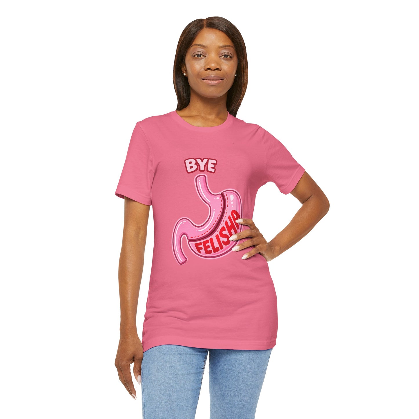 Bye Felisha Gastric Sleeve Stomach Graphic Tee — Funny Pink Cartoon Stomach T-Shirt