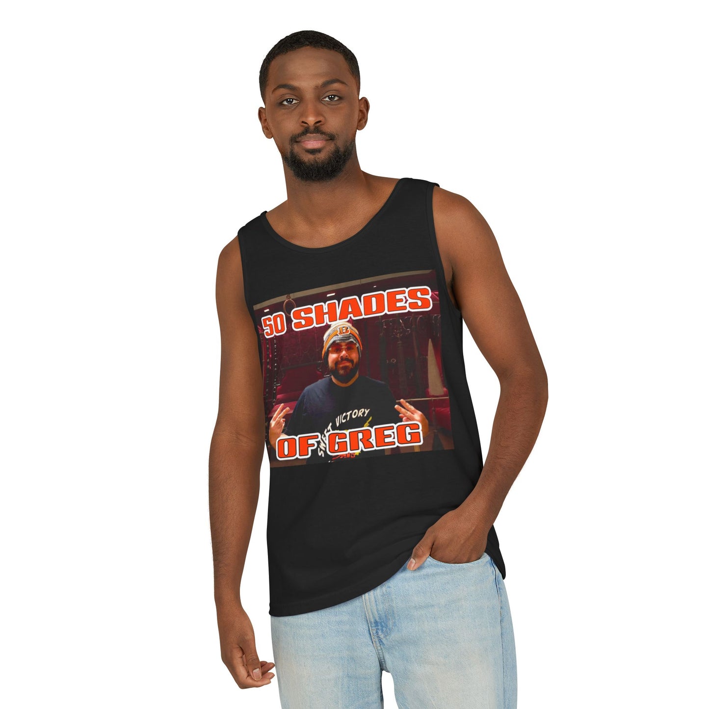 50 Shades of Greg - Unisex Garment-Dyed Tank Top, Funny Graphic Tee, Gift for Him, Summer Wear, Casual Layering, Unique Humor Apparel