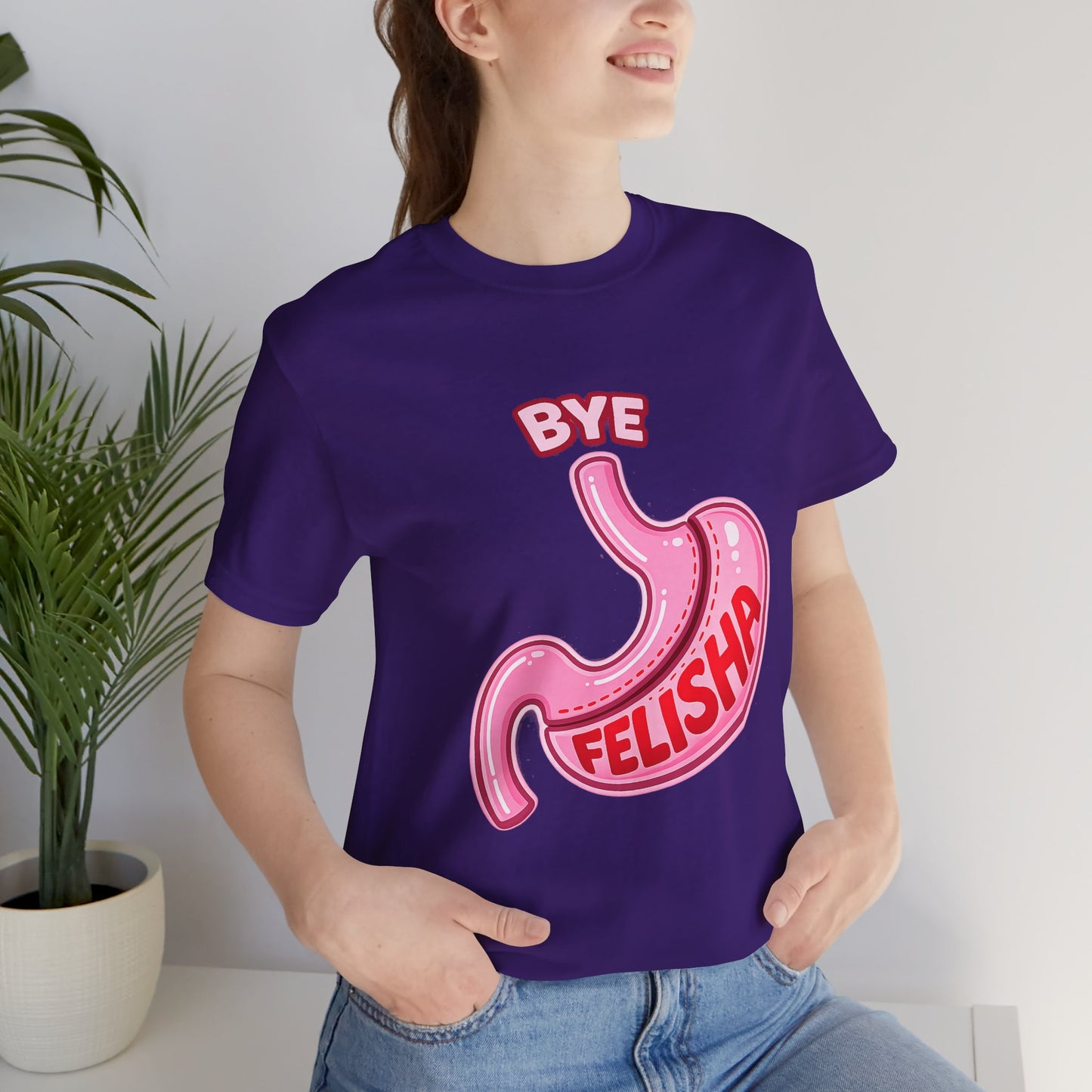 Bye Felisha Gastric Sleeve Stomach Graphic Tee — Funny Pink Cartoon Stomach T-Shirt