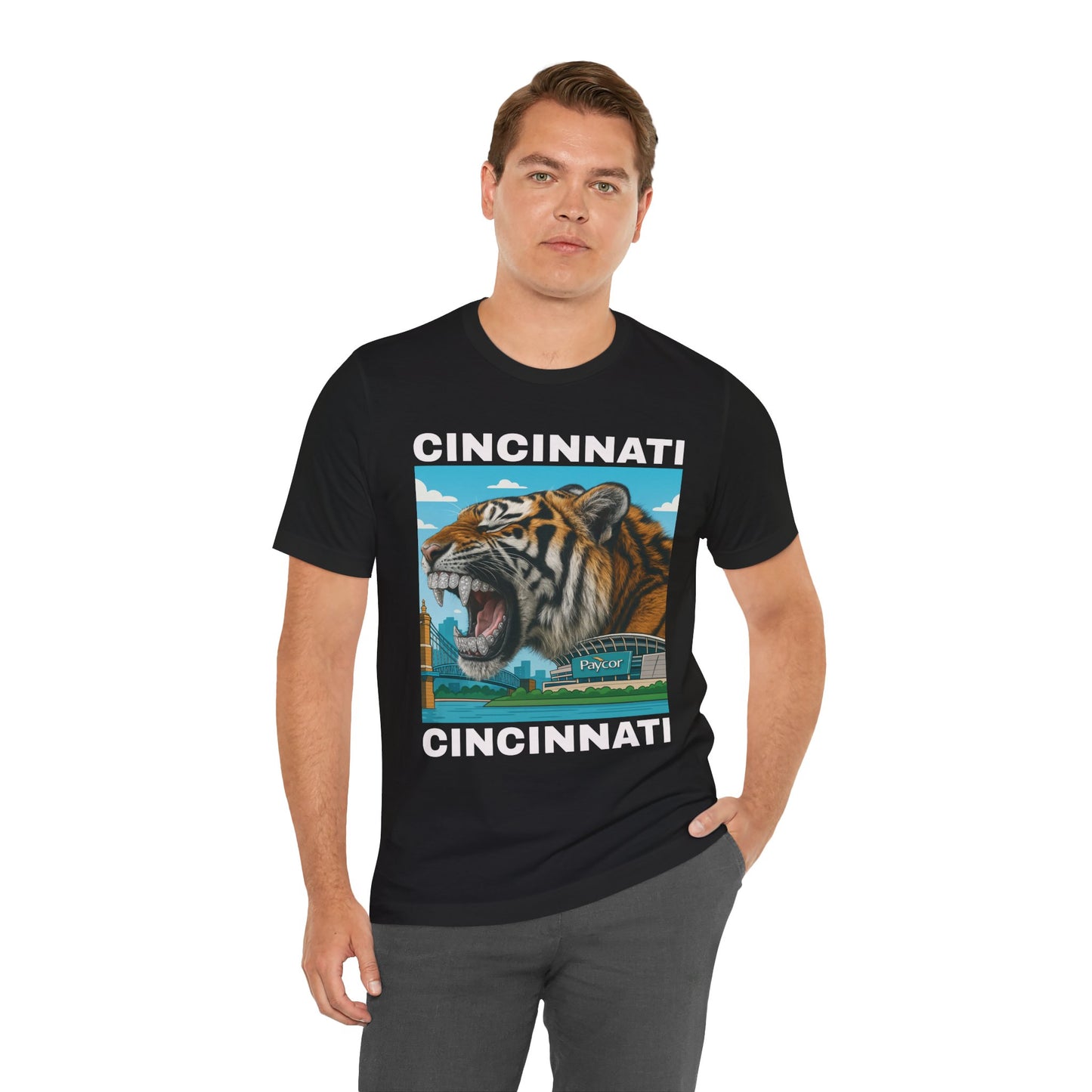 Iced Out Grillz Cincinnati Tiger Graphic T‑Shirt – Roaring City Skyline Tee