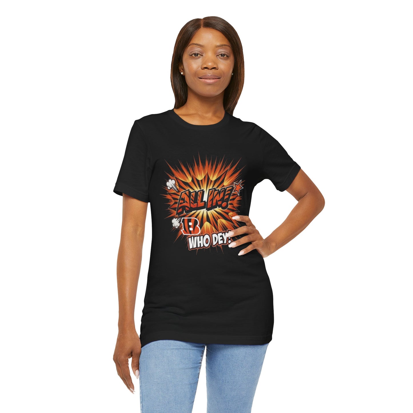 All In! Who Dey! Bengals Fan T-Shirt – All In Comic Burst Tee