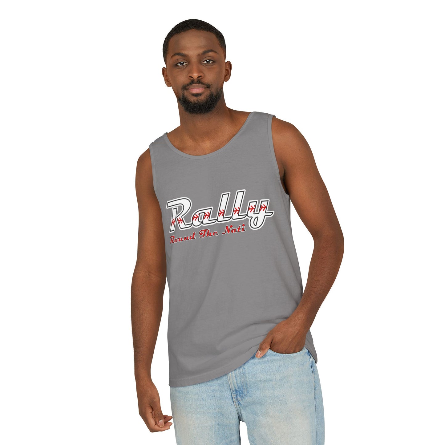 Rally Unisex Garment-Dyed Tank Top, Sporty Summer Wear, Casual Activewear, Fitness Gift, Concert Outfit