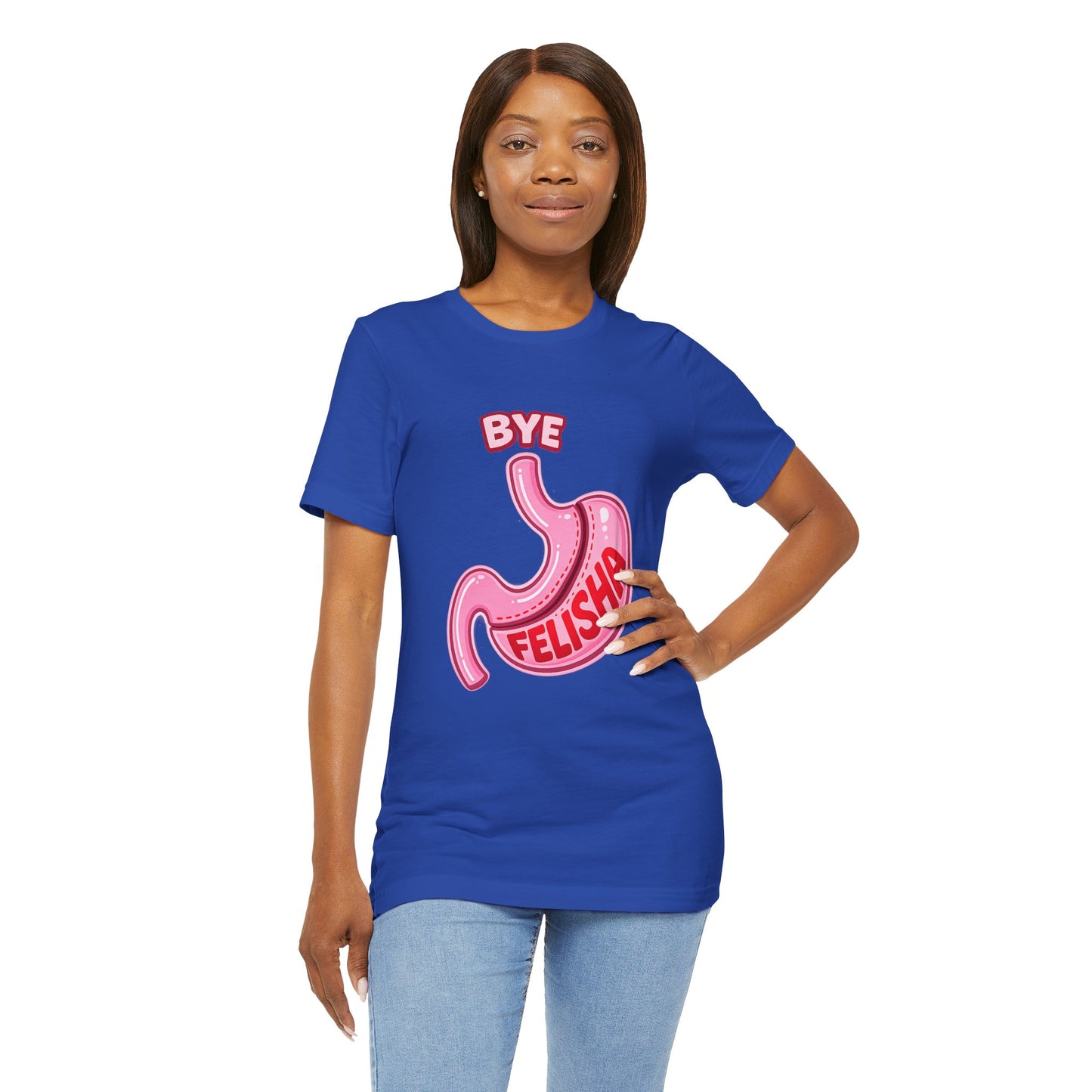 Bye Felisha Gastric Sleeve Stomach Graphic Tee — Funny Pink Cartoon Stomach T-Shirt