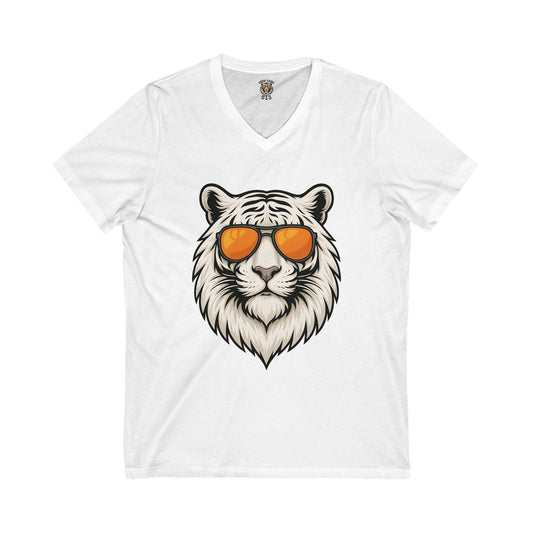 Women's V-neck Cool Tiger Tee - Unisex Short Sleeve T-Shirt with Sunglasses Design