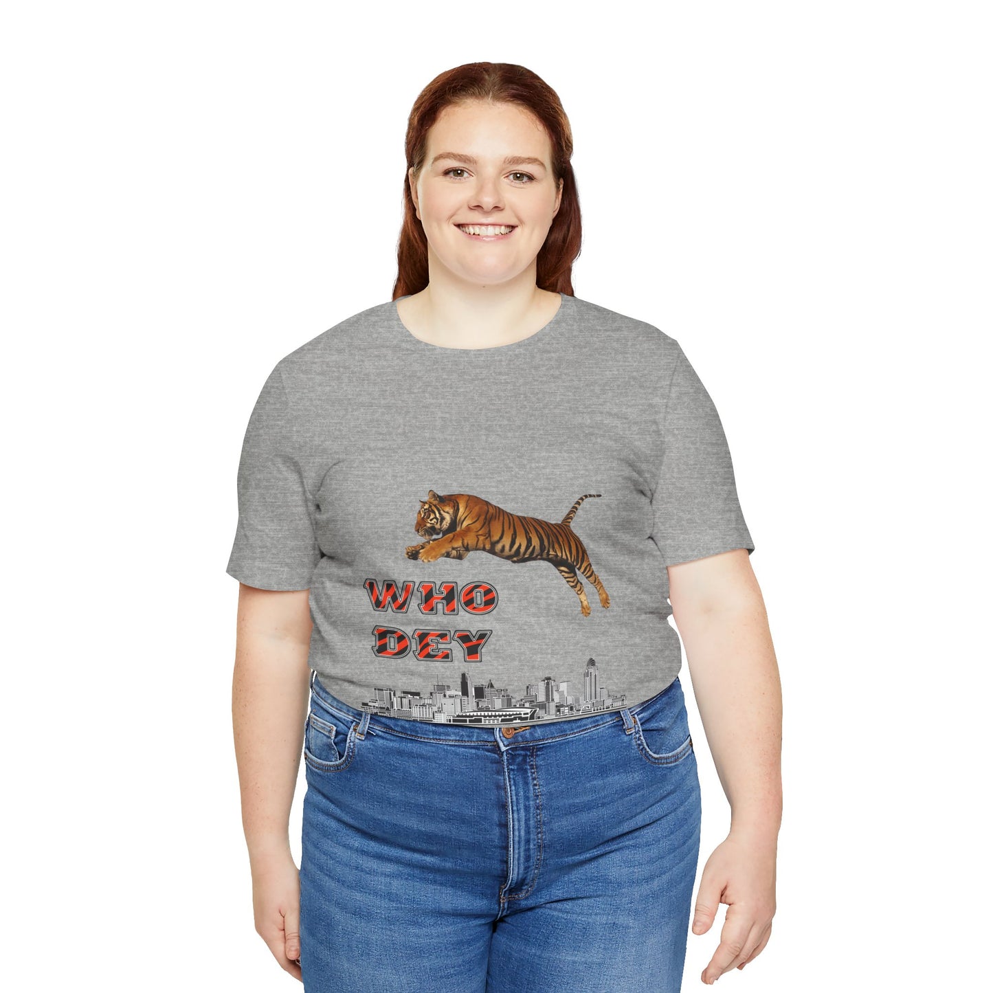 Leaping tiger over city Unisex Jersey Short Sleeve Tee